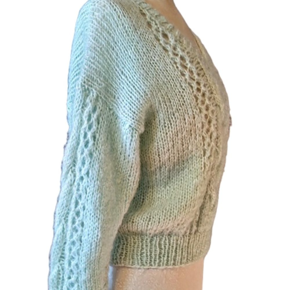 Mint Green Hand Knit 1960s Vintage Cable Knit V Neck Sweater Oversized Large - Picture 5 of 7